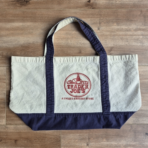 Trader Joe'S Handbags - Vintage Trader Joe's Canvas Tote Bag Navy Blue with Red Retro Logo 90s